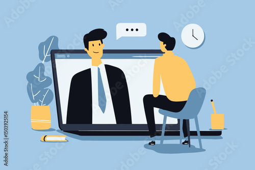 Businessman talking on laptop for online video interview, virtual meeting, job interview, e-learning or conference call concept vector