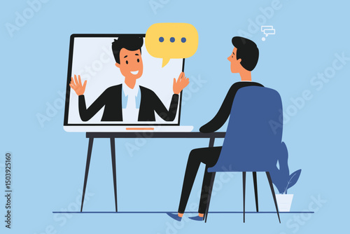 Businessman talking on laptop for online video interview, virtual meeting, job interview, e-learning or conference call concept vector