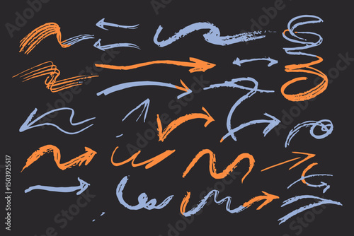 Pastel chalk arrow doodles set with hand drawn swirls, curved pointers, artistic colored pencil sketches, chaotic crayon strokes, and marker grunge scribble design elements vector