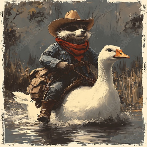 A cowboy raccoon rides a goose across a serene body of water high resolution image