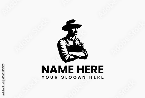 Diligent farmer silhouette harvesting ripe corn under golden sunlight in field vector logo. Agricultural pride emblem  