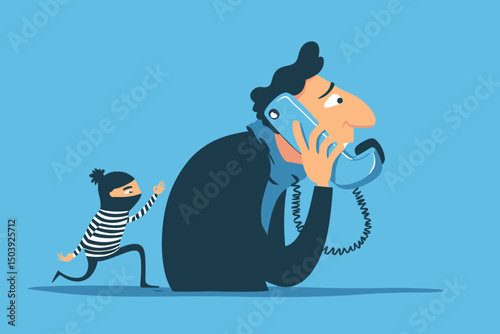 Thief Making Phone Scam Call Stealing Money Cyber Fraud Online Hacking Crime Safety Concept Vector