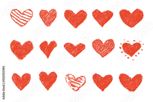 Red crayon heart collection with textured effect, hand drawn sketchy romantic shapes, varied strokes and fill patterns, scribbled love symbols for Valentine�s Day designs vector
