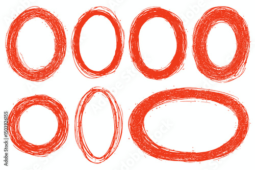 Red highlight oval crayon and chalk shapes set with sketchy pencil and marker hand drawn rough ellipses, grunge style design elements for text emphasis and decorative accents vector