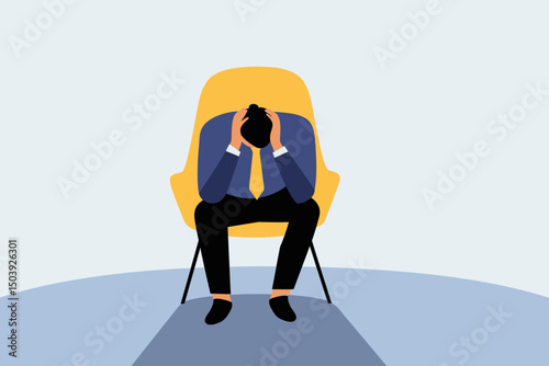Frustrated businessman sitting alone on chair holding his head, symbolizing regret on business mistakes, stress, anxiety, failure, depression, and financial loss concept vector