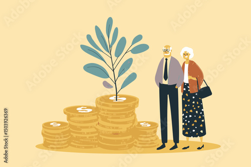Elderly couple with grandpa looking at money growth plant, symbolizing retirement pension fund, investment profit, 401k savings, senior financial planning, and wealth management concept vector