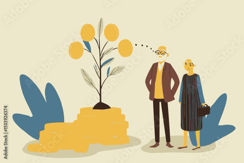 Elderly couple with grandpa looking at money growth plant, symbolizing retirement pension fund, investment profit, 401k savings, senior financial planning, and wealth management concept vector