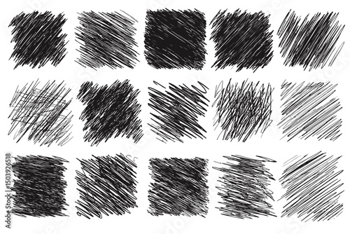 Scratch card lottery vector clipart set with black scuff scribbles, distressed grunge textures, grungy grainy surfaces, and chaotic ragged abstract shapes for scrapbooking overlays