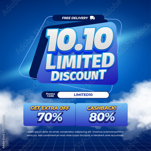 10.10 Limited Shopping Sale discount deals Cloudy blue gradient Editable text effect Pop up Marketing Promotion square banner