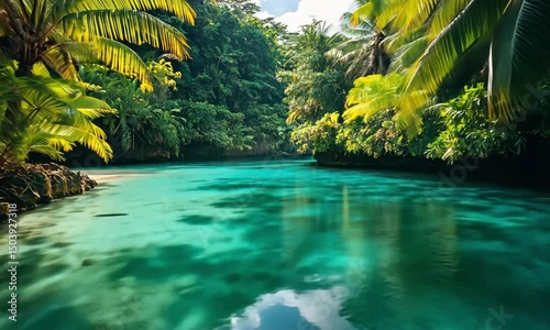 Tranquil river through lush green forest