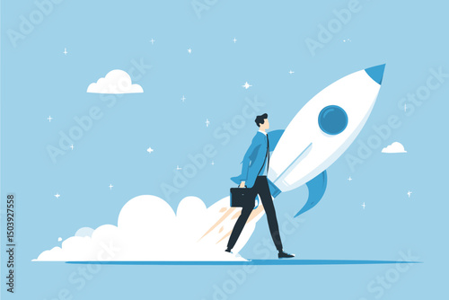 Businessman solopreneur launching company rocket alone, symbolizing solo entrepreneurship, startup business owner, independent developer, freelancer, and founder concept vector
