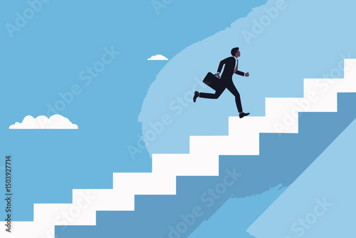 Businessman Running Up Staircase to Success Progress Goal Achievement Leadership Career Development Concept Vector
