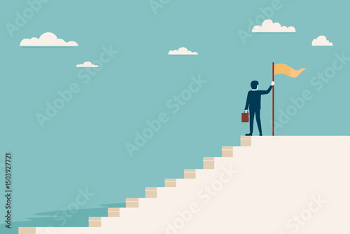 Successful businessman holding winning flag on top of staircase, symbolizing steps to success, achievement, progress, career growth, and business journey concept vector