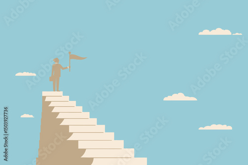 Successful businessman holding winning flag on top of staircase, symbolizing steps to success, achievement, progress, career growth, and business journey concept vector