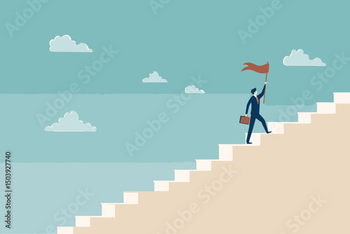 Successful businessman holding winning flag on top of staircase, symbolizing steps to success, achievement, progress, career growth, and business journey concept vector