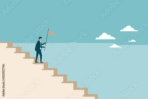 Successful businessman holding winning flag on top of staircase, symbolizing steps to success, achievement, progress, career growth, and business journey concept vector