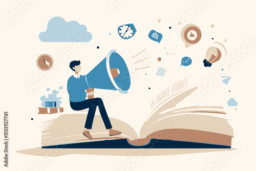 Young man storytelling brand message through megaphone on open book, creative advertising, narrative content writing concept vector