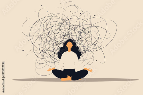 Stress management and relaxation, meditation to reduce anxiety and control emotions, woman in lotus pose calming workplace chaos