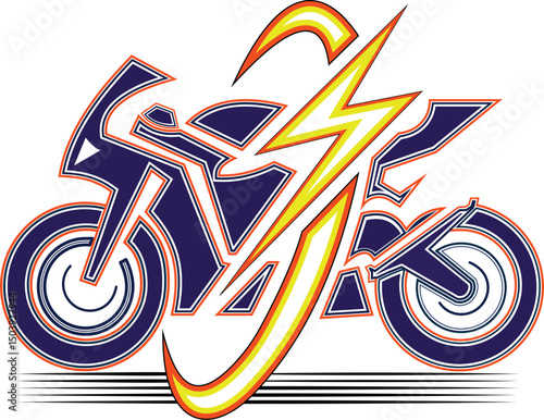 A bold and dynamic graphic design of a sport motorcycle, illustrated in deep blue and orange outlines, with a vibrant yellow lightning bolt symbolizing speed and power