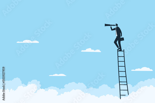 Smart businessman climbing success ladder, looking through telescope, visionary leadership, career path search, business opportunity and goal achievement concept vector