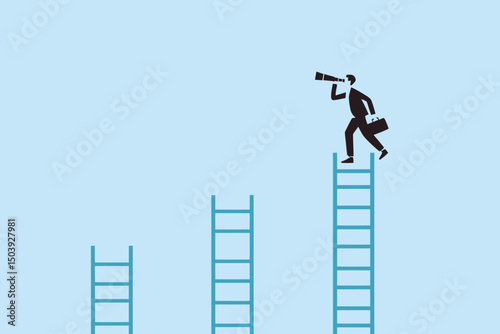 Smart businessman climbing success ladder, looking through telescope, visionary leadership, career path search, business opportunity and goal achievement concept vector