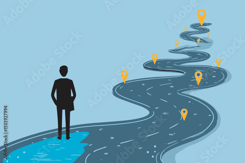 Businessman Looking at Success Roadmap Milestone Career Path Achievement Goal Accomplishment Concept Vector