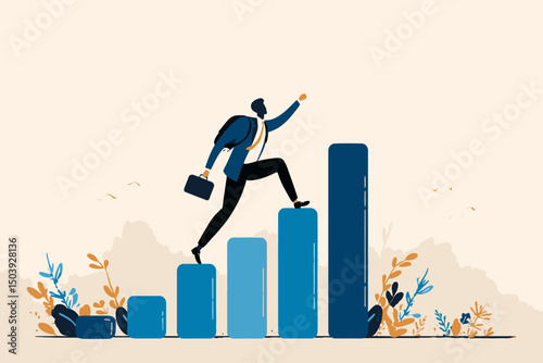 Entrepreneurship and determination concept, courageous businessman climbing growth graph to overcome business challenges and succeed in competition vector.