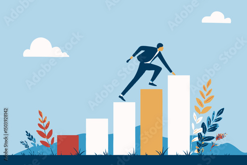 Entrepreneurship and determination concept, courageous businessman climbing growth graph to overcome business challenges and succeed in competition vector.