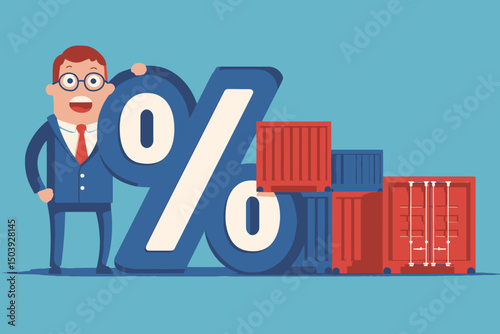 Businessman Holding Percentage Sign Representing Tariff, Import Tax, US-China Trade War, Economic Recession, and Customs Regulation Concept Vector
