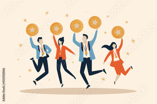 Business Team Celebrating Quality Badge, Teamwork Success, High Performance Employees, Best Service, Staff Achievement and Reward Concept