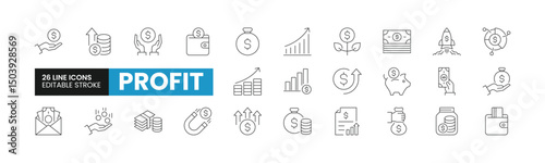 Set of 26 Profit line icons set. Profit outline icons with editable stroke collection. Includes Growth, Investment, Savings, Income, Budgeting, and More.