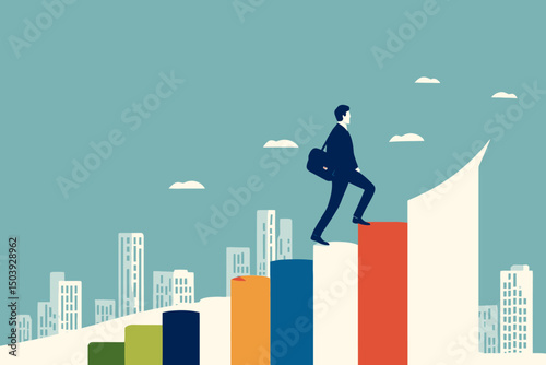 Confident businessman stepping on rising graph looking ahead, vision for next goal, motivation, success prediction concept vector illustration