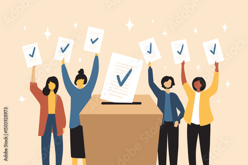 Diverse People Holding Voting Papers with Checkmarks, Participating in Election, Poll, Survey, Democracy, and Referendum Concept Vector
