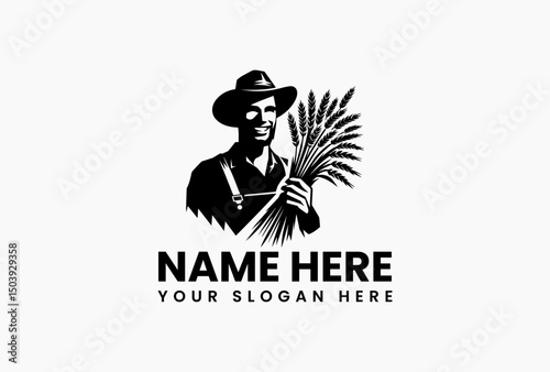Smiling farmer holding a bundle of wheat stalks in a welcoming pose vector logo. Agriculture concept