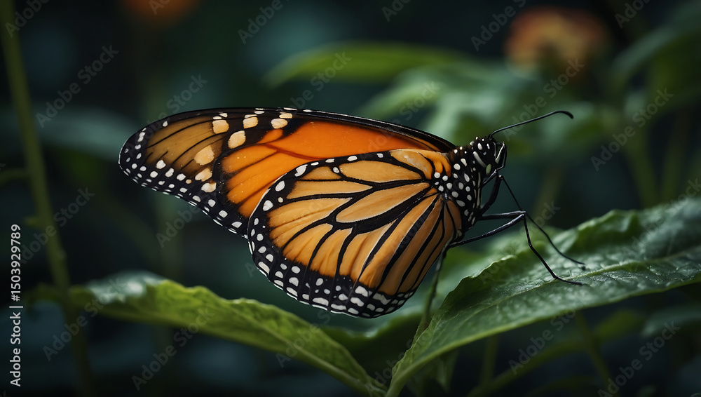 Fototapeta premium Monarch Butterfly on Leaf at Twilight