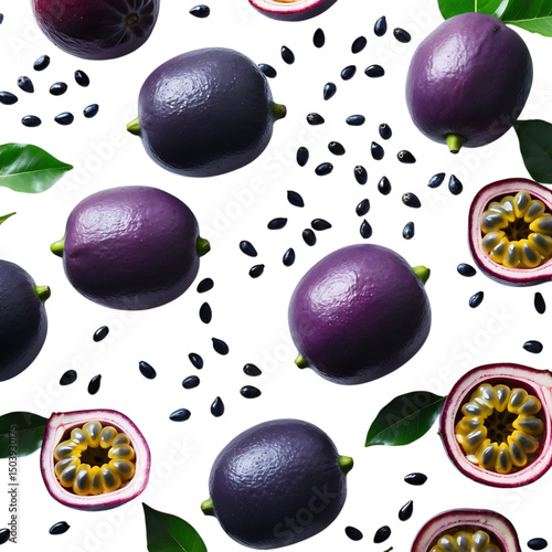 Seamless pattern of purple sabbatical fruits and sliced passion fruit on transparent background