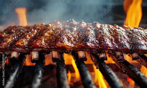 Skewers cooking over flames