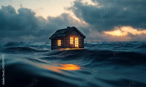 Small house amidst stormy waters