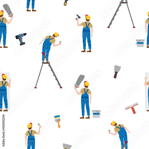 Seamless pattern construction workers uniforms repair on construction site