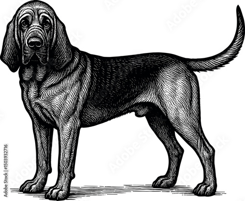 Bloodhound full body side view and facing towards the front vector black silhouette cricut print design isolated on a plain white background