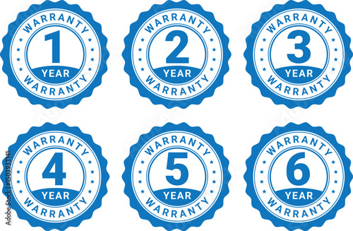 Set of six blue circular warranty badges from 1 to 6 years with bold text, used for product assurance and service guarantees	