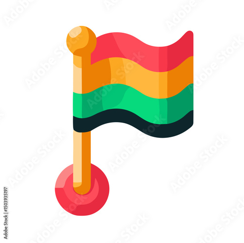 Colorful vector icon of a waving flag on a pole with vibrant design on transparent background for celebration and patriotism concept