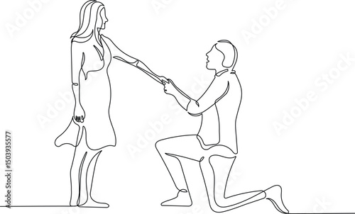 Marriage proposal in continuous line drawing style. Sketch of romantic couple in minimalist black lines isolated on white background. Vector illustration