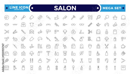 Barber shop and salon outline icons set. Containing styling tools, scissors, comb, clipper, and more. Modern outline icons collection. Editable stroke outline icon.
