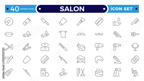 Barber shop and salon outline icons set. Containing styling tools, scissors, comb, clipper, and more. Modern outline icons collection. Editable stroke outline icon.
