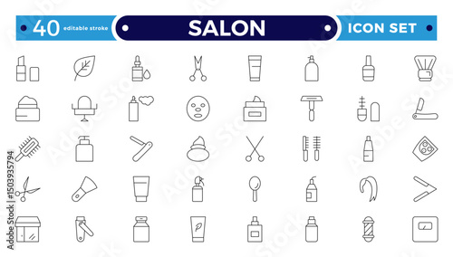 Barber shop and salon outline icons set. Containing styling tools, scissors, comb, clipper, and more. Modern outline icons collection. Editable stroke outline icon.
