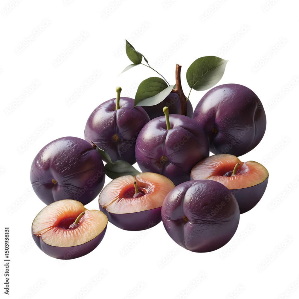 Fototapeta premium Fresh Purple Plums with Green Leaves and Sliced Fruit