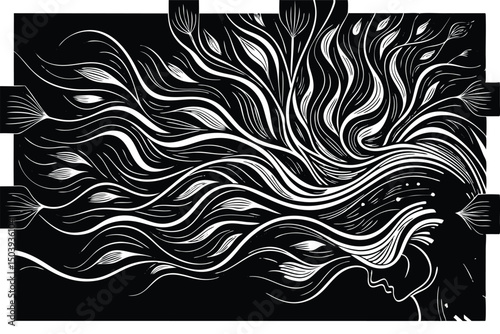 Abstract mindscape with womans profile in black and white intricate design