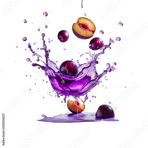 Plums splashing in purple juice isolated on transparent background