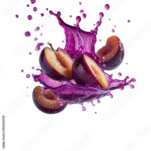 Plum juice splash with halved plums isolated on transparent background